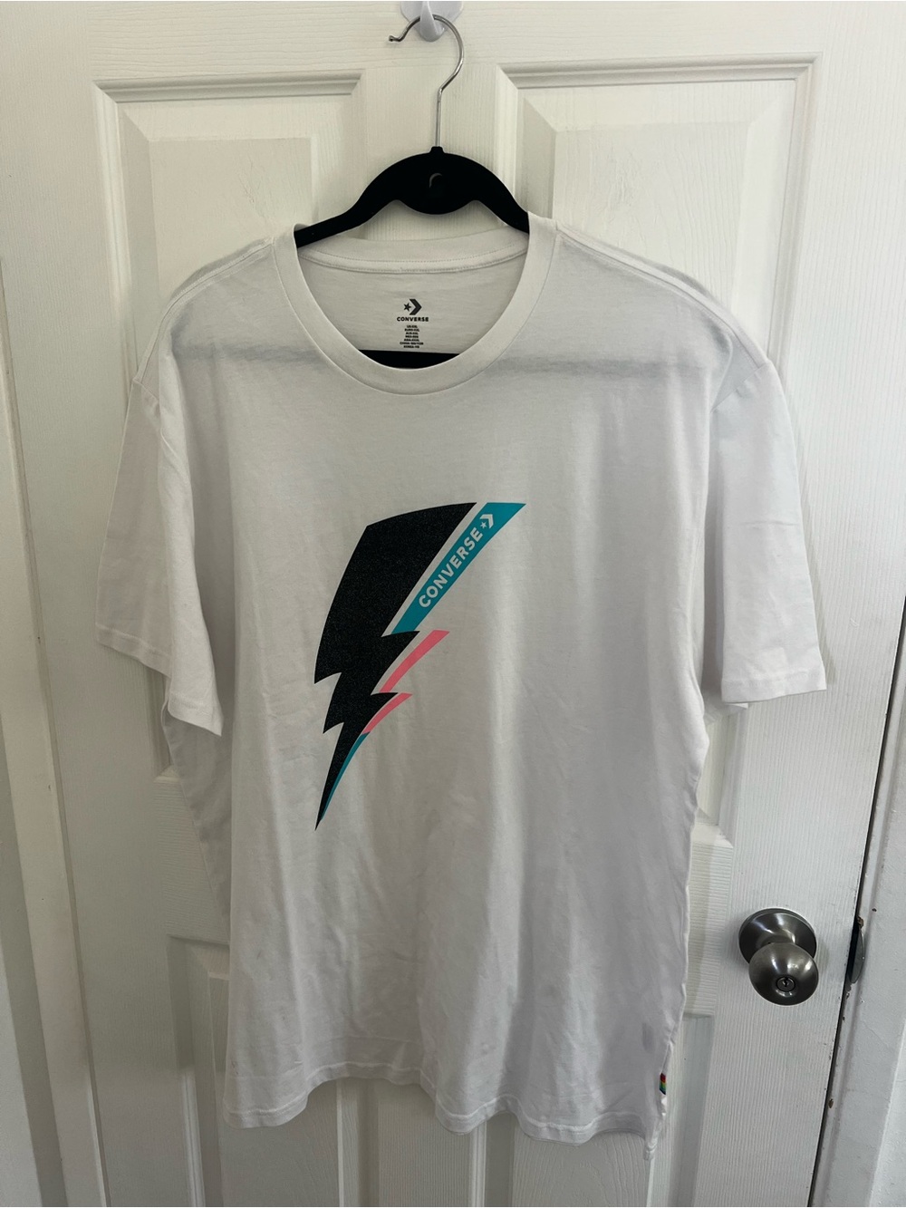 Converse White Tee with Black, Teal & Pink‎ Lightning Bolt Graphic